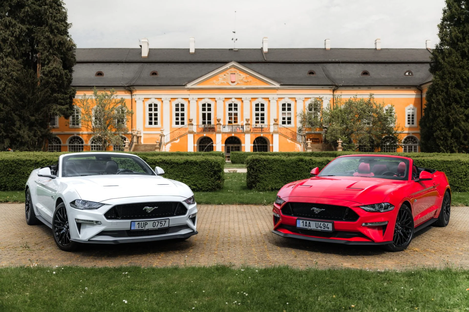 Červený a bílý Ford Mustang GT 5.0 V8 Cabrio zaparkované vedle sebe